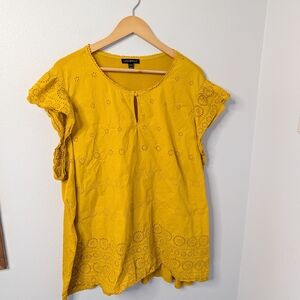 Lane Bryant Eyelet Embroidered Peasant Blouse | Size 26/28 | Mustard Yellow
